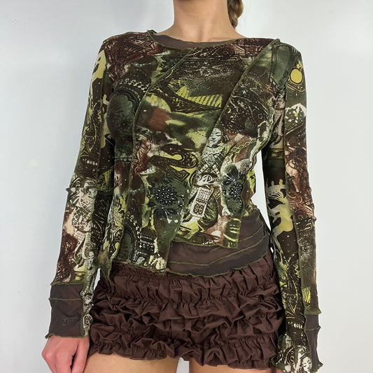 00s graphic print green mesh top - Size S