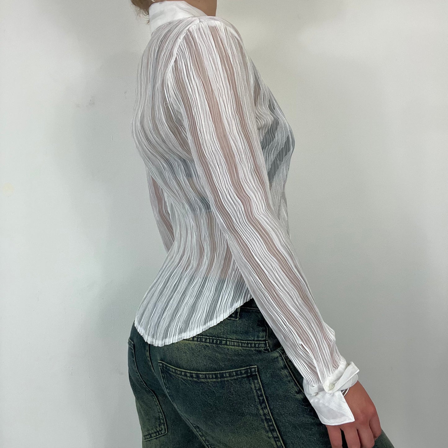 90s white mesh striped shirt - Size Small