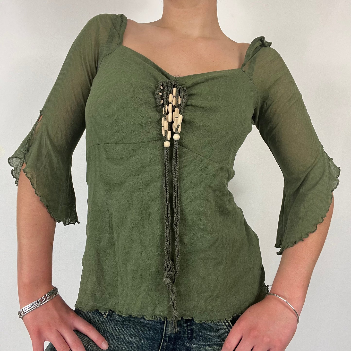 90s flared mesh boho top lace - Size S/M