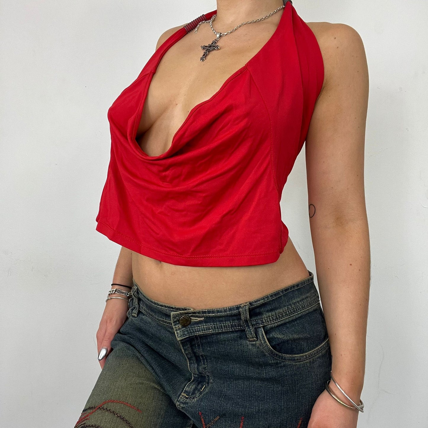 Red Slinky Plunge Halter Top (M/L)