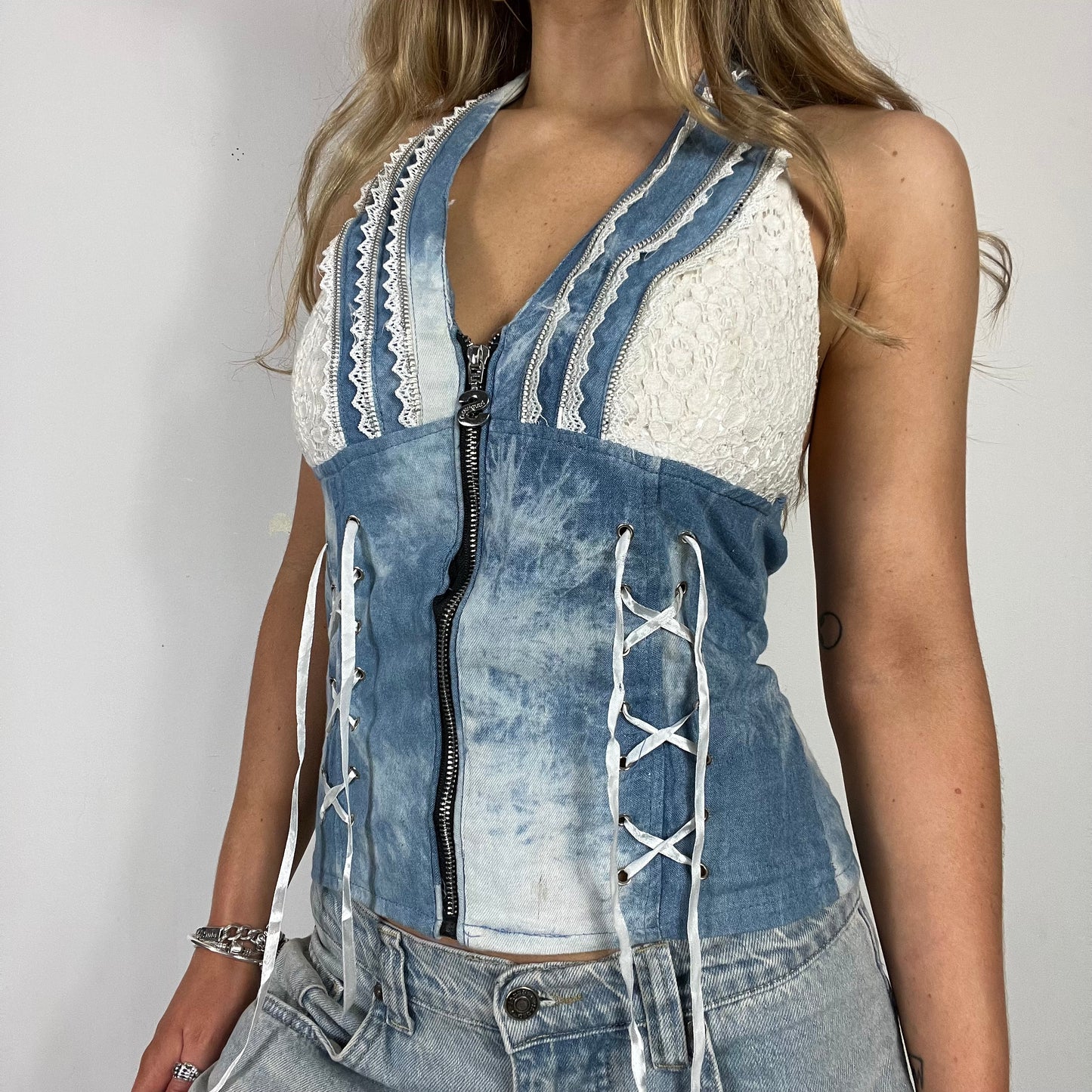 00s vintage denim stretch lace up halter top - Size S