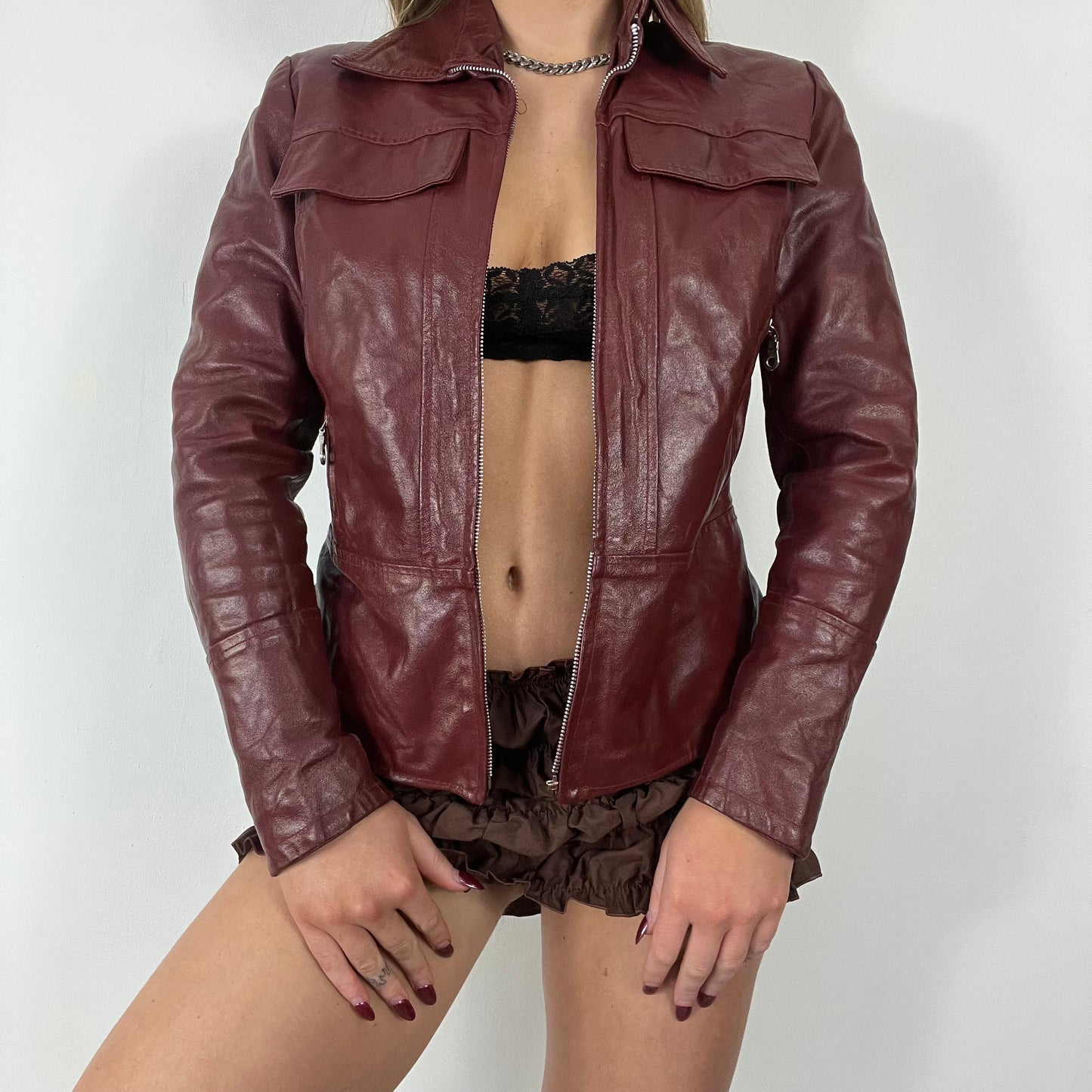 90s burgundy leather jacket - Size S