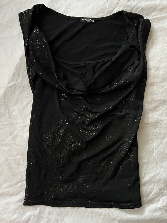 90s cowl neck glitter print top - Size S