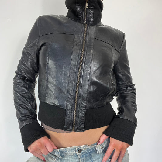 90s black leather bomber jacket - Size S