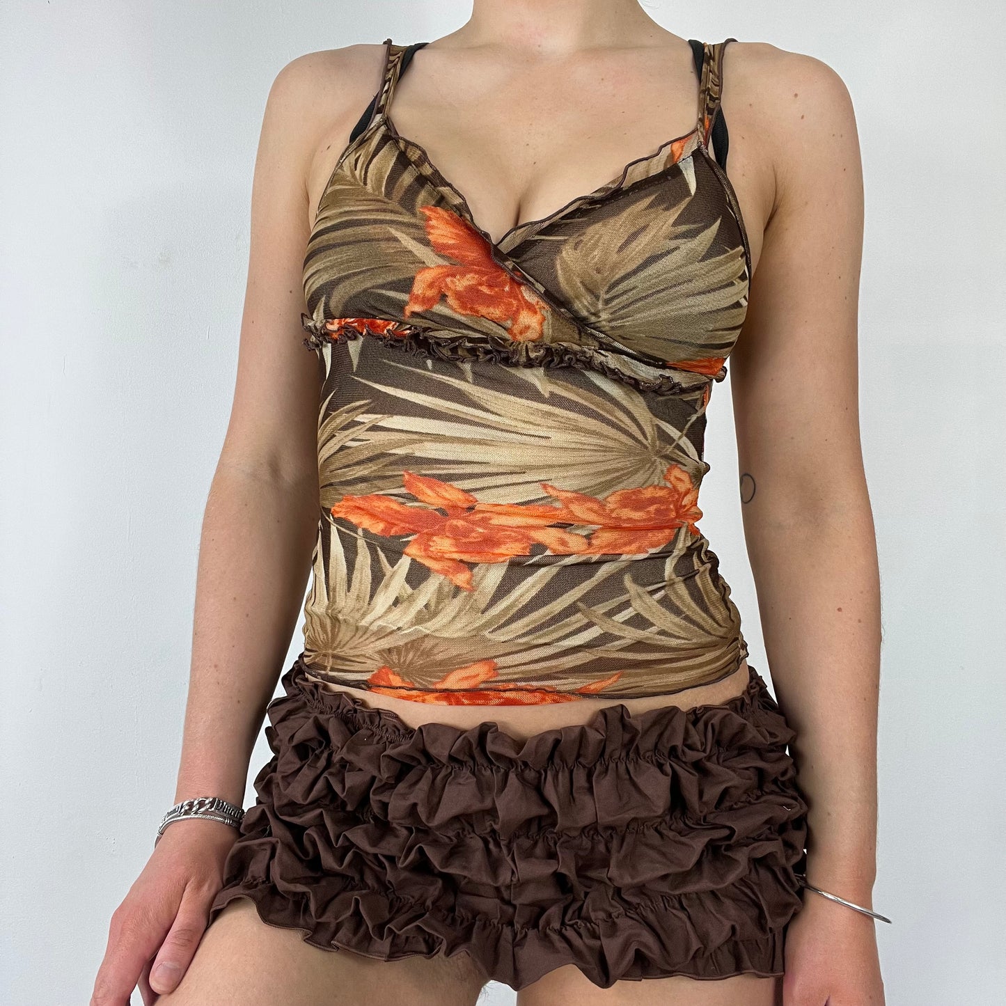 00s brown mesh layered floral - Size S