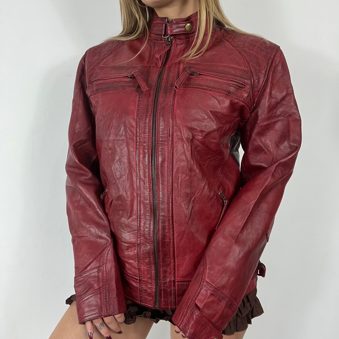 90s dark red black real leather jacket - Size M/L