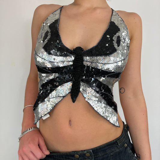 00s sequin butterfly backless top - Size S