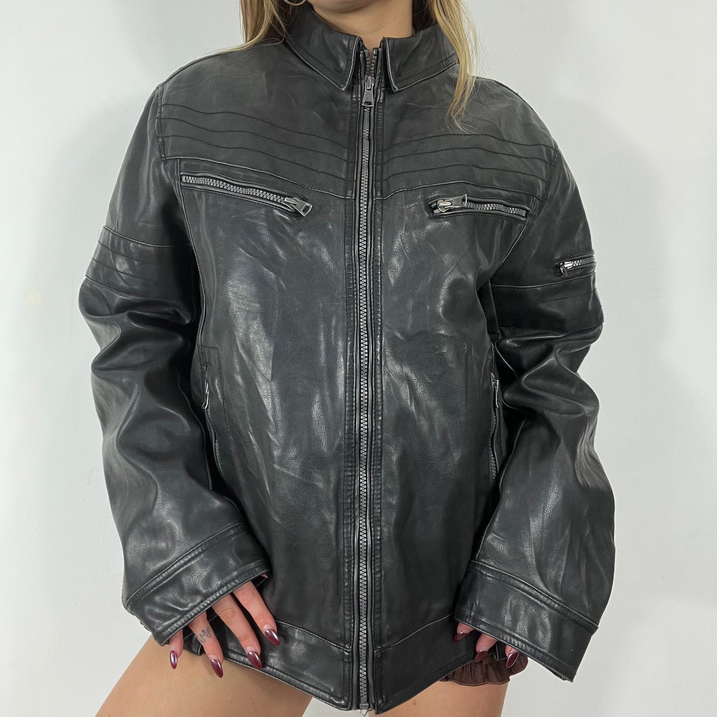 90s black real leather oversized bomber jacket - Size L