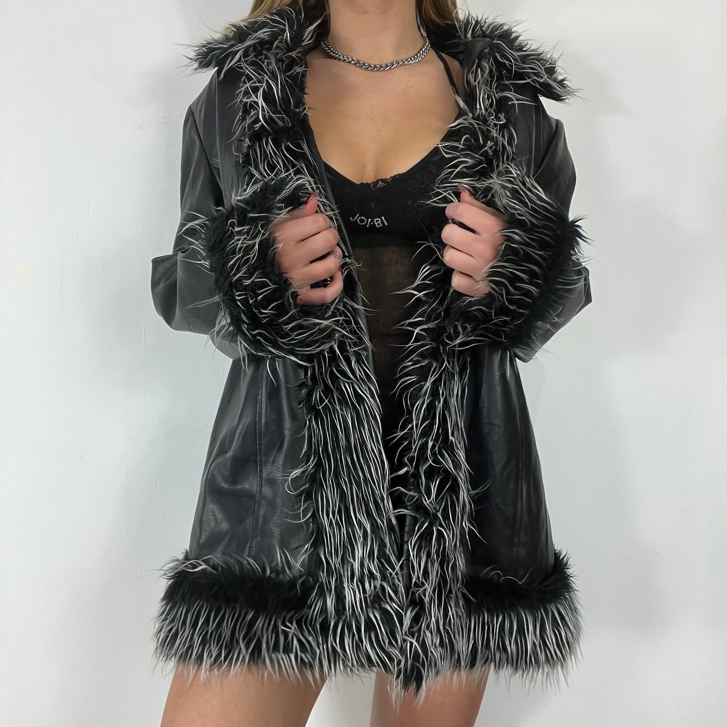 Vintage y2k leather fur trim afghan coat - Size L