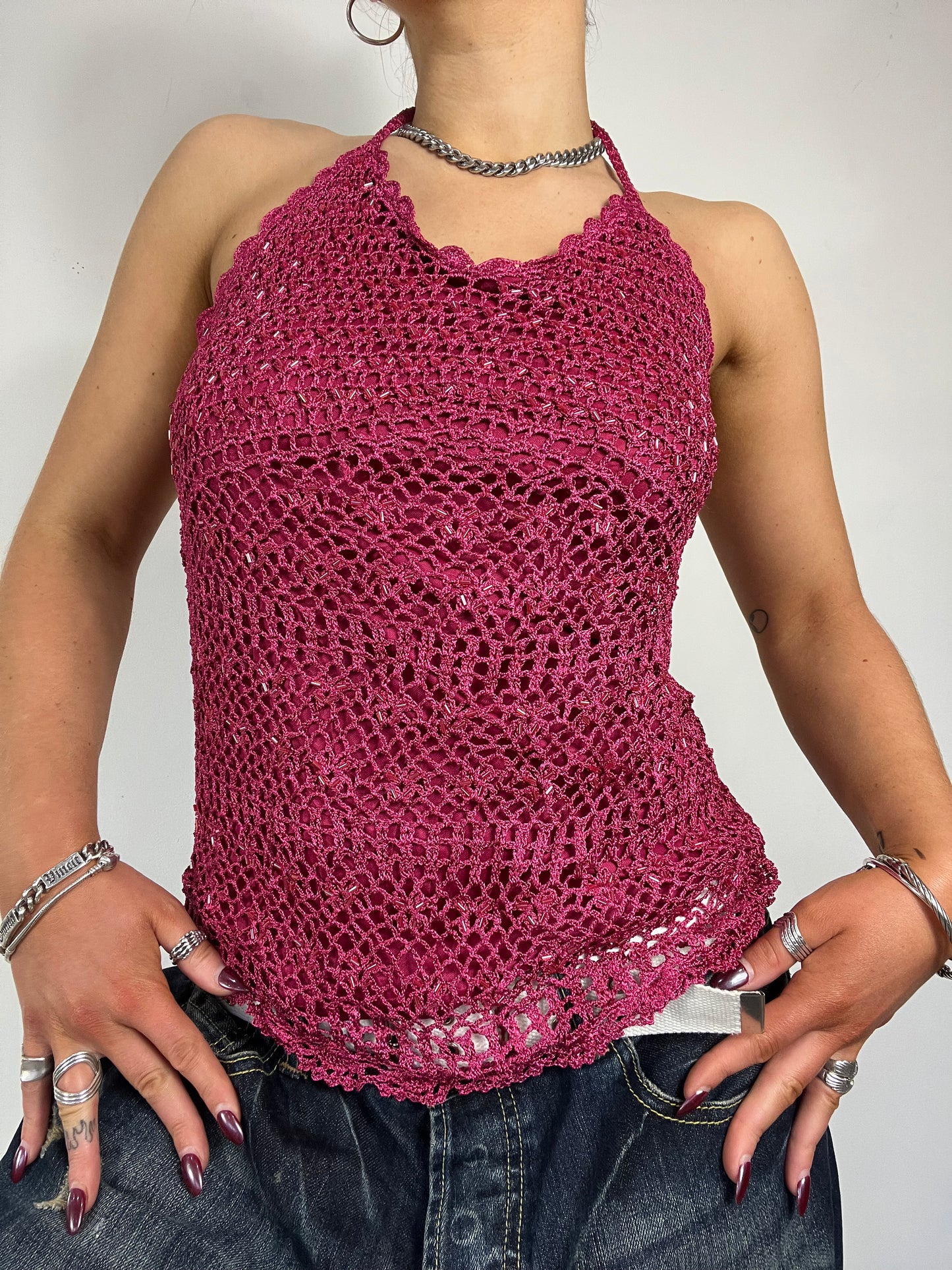 90s pink crochet sparkle halter top - Size S/M