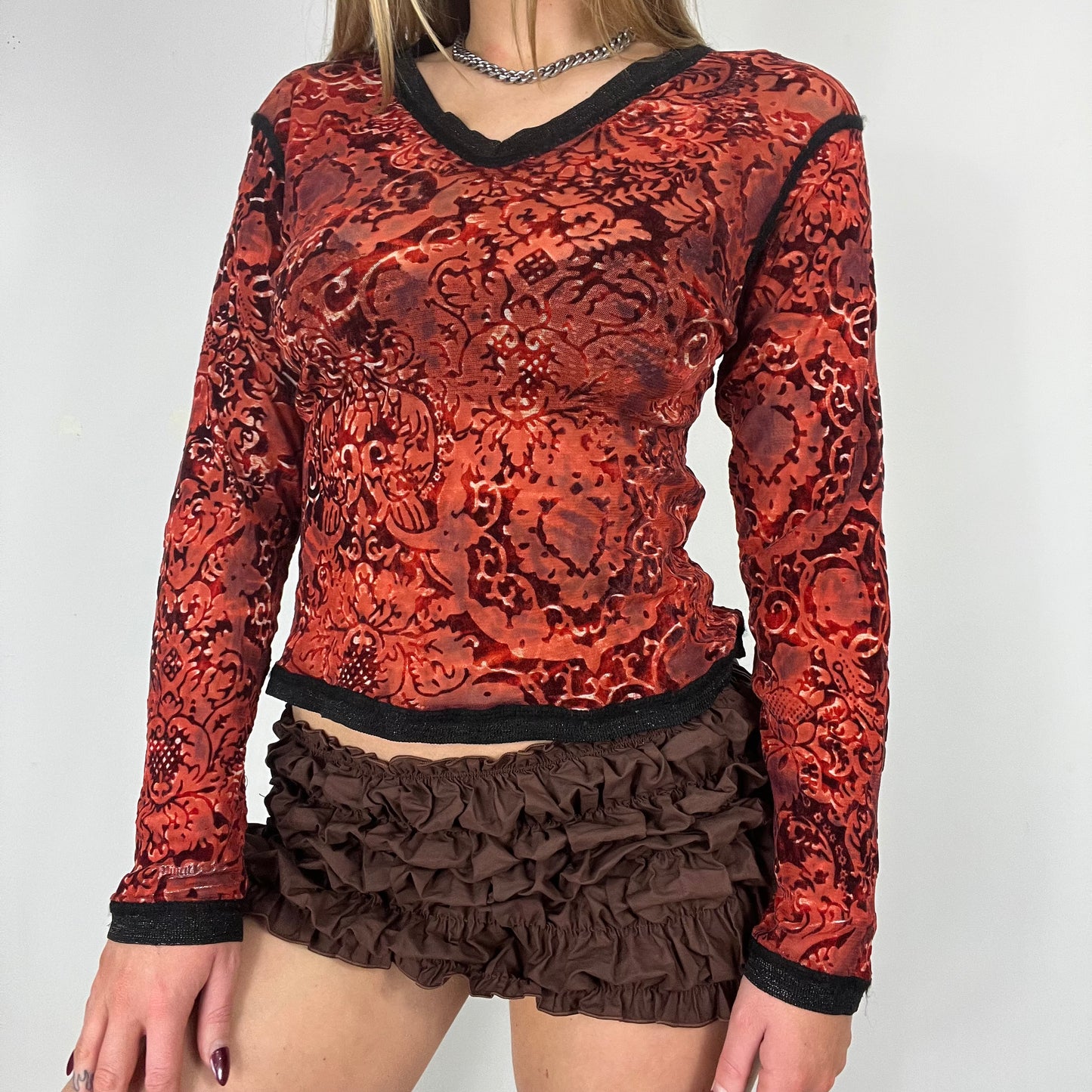 90s red black velvet mesh long sleeve top - Size S/M