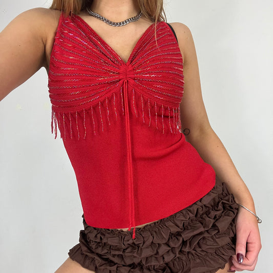 90s red knit sequin tassle top - Size S