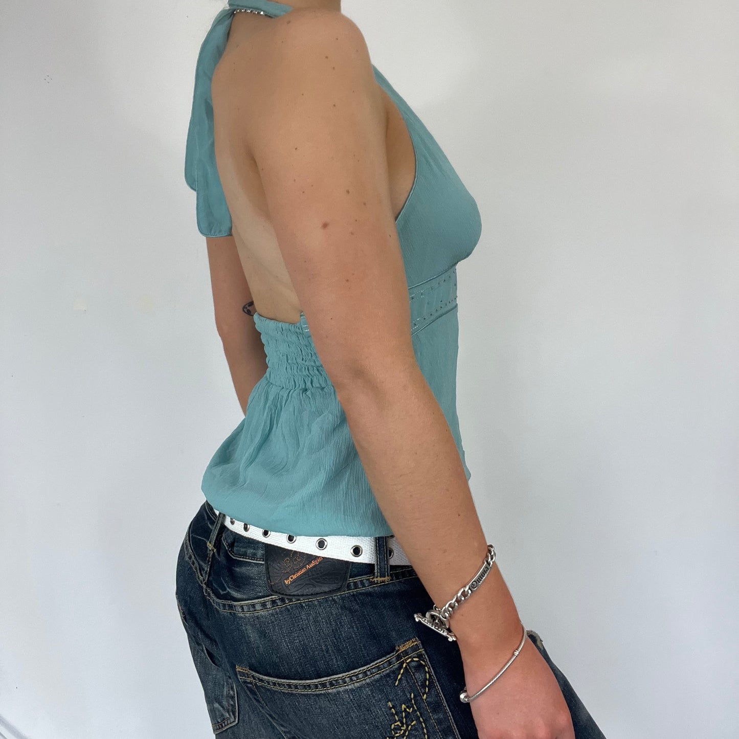 00s turquoise halter neck top diamonte - Size S