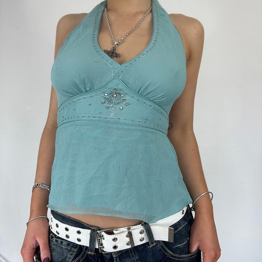 00s turquoise halter neck top diamonte - Size S