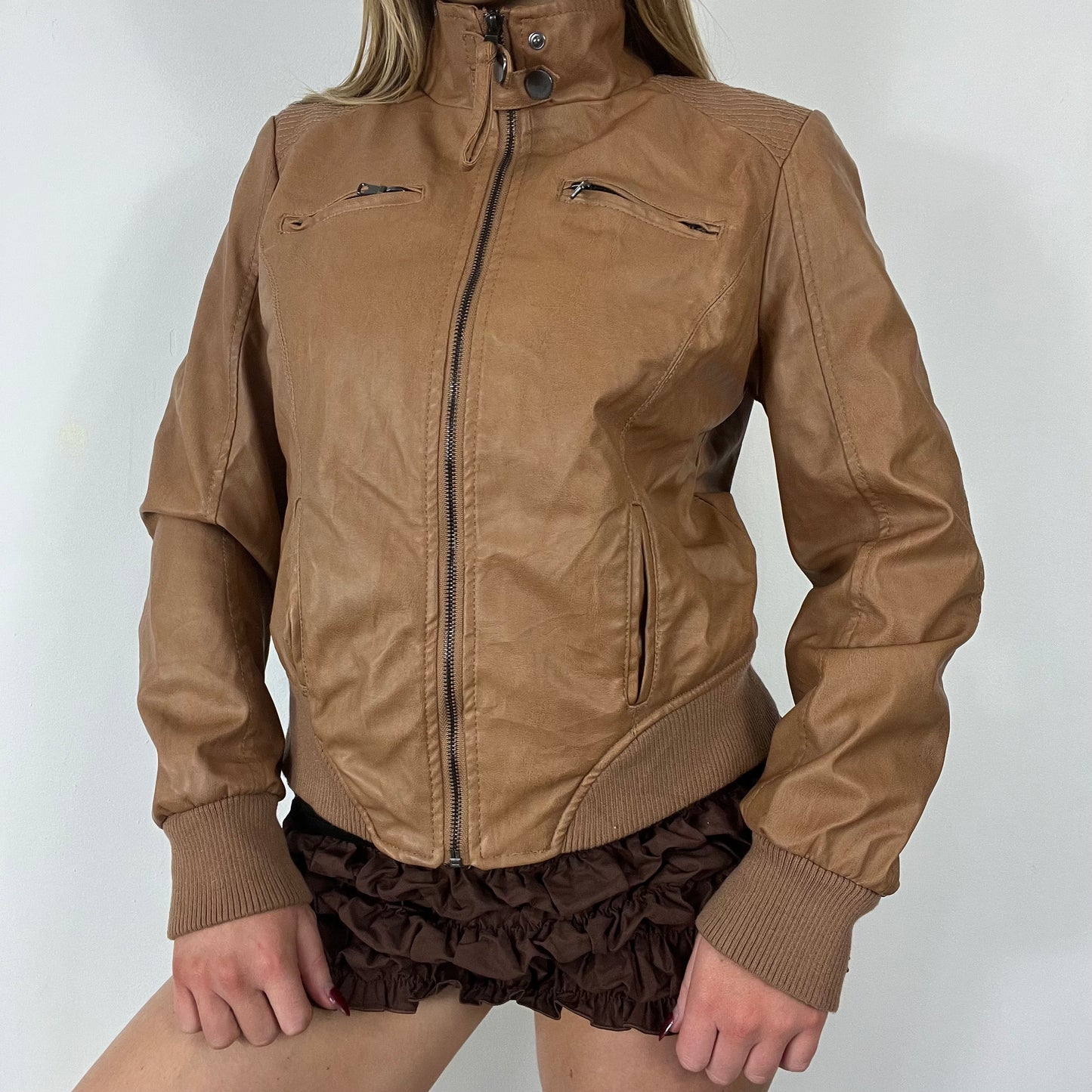 90s brown leather zipper bomber jacket - Size S/M