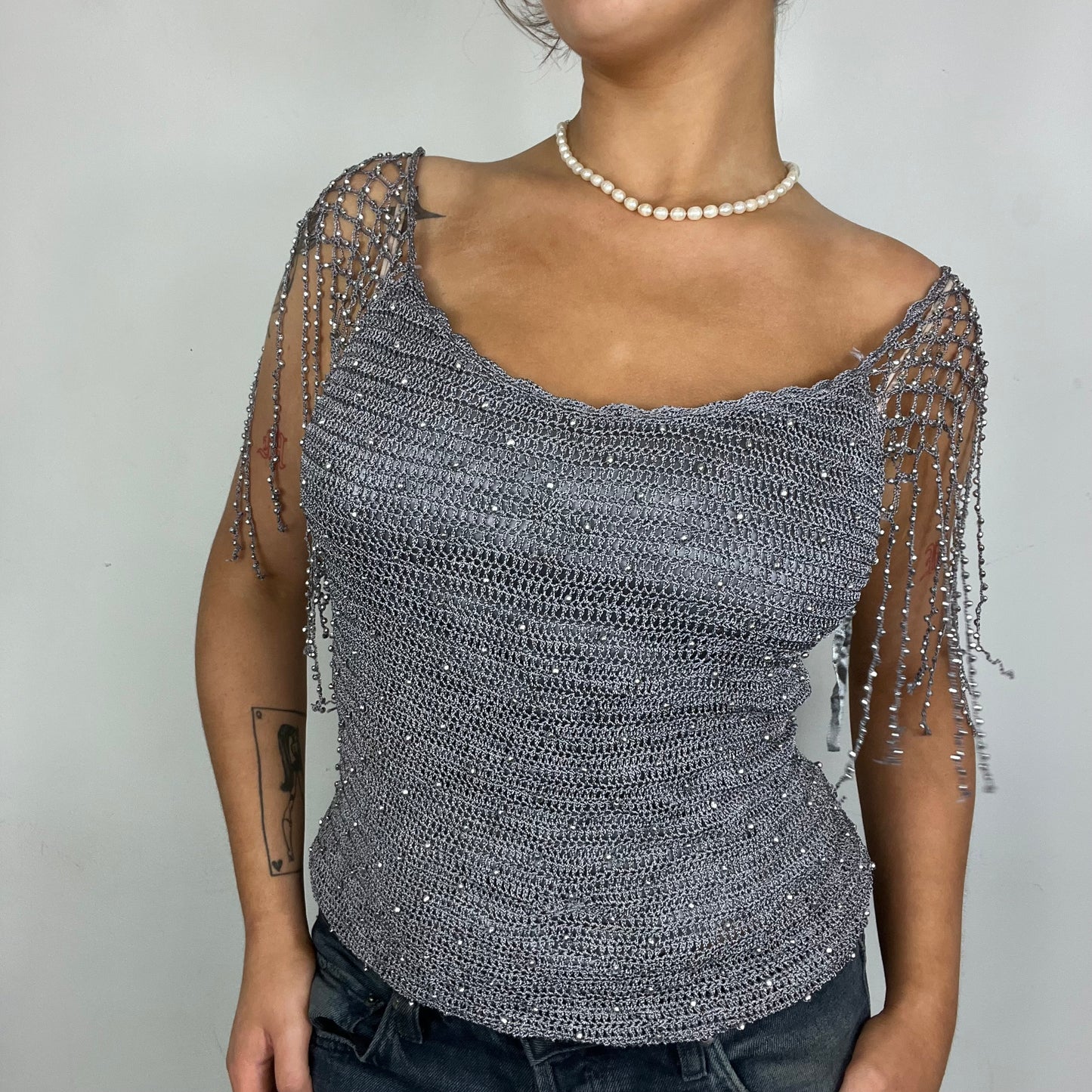 Grey Crochet Beaded Draped Top - M