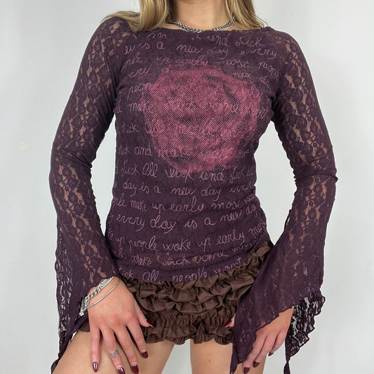 90s lace mesh purple graphic flare long sleeve top - Size S