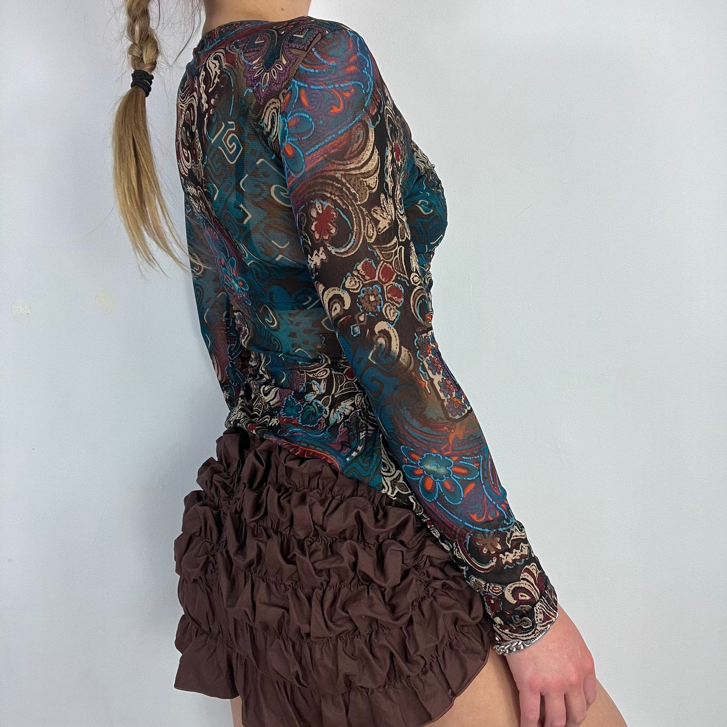 00s mesh graphic lace long sleeve top - Size S