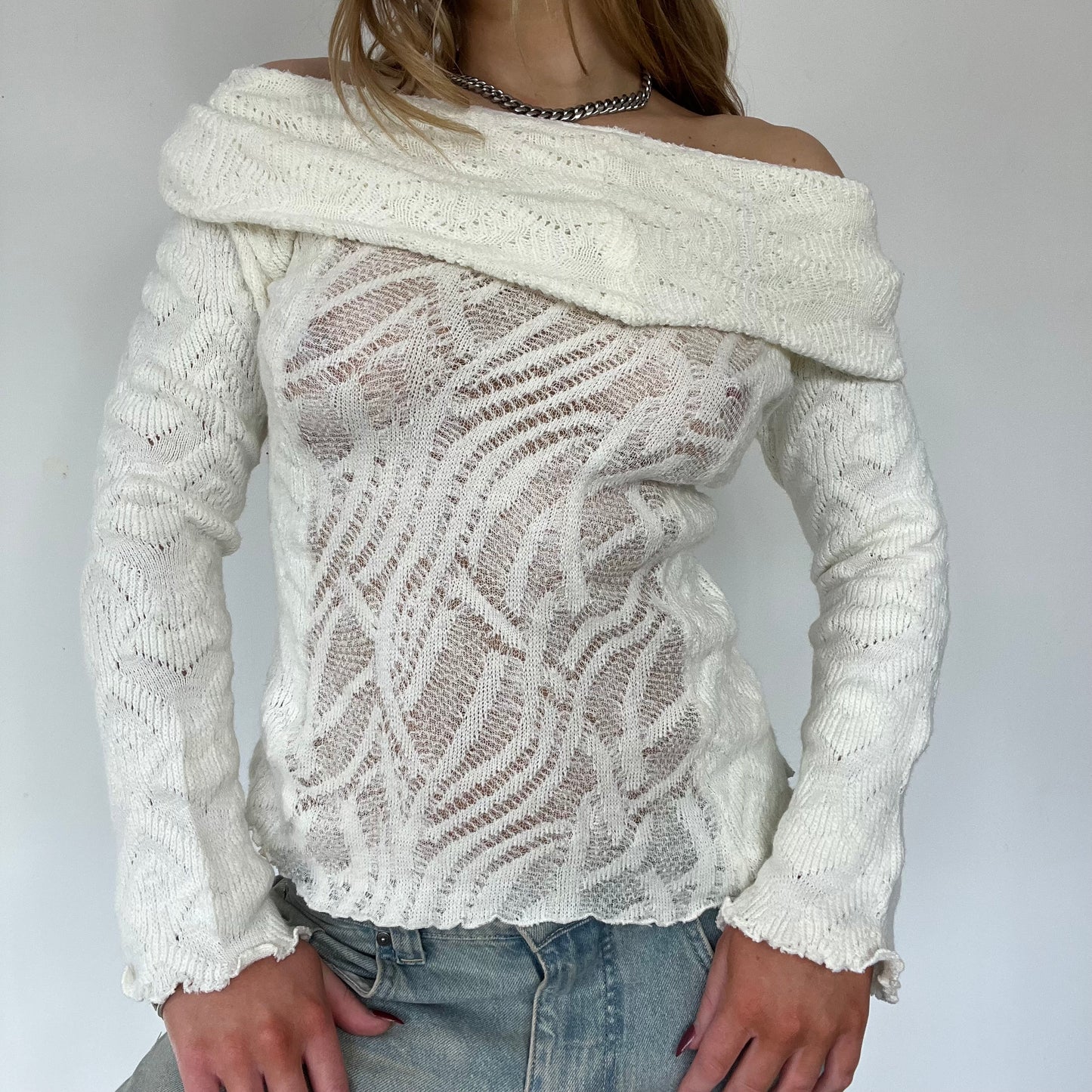 90s cream knit off shoulder jumper - Size S