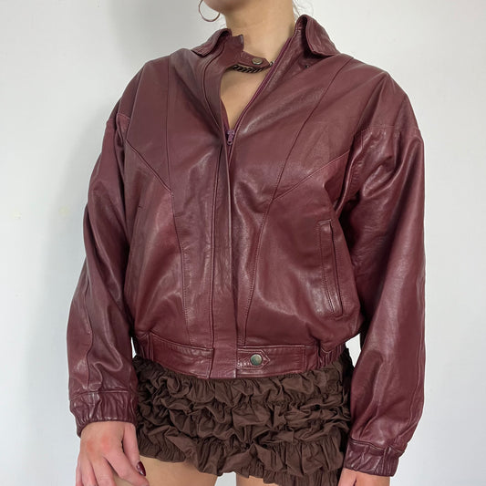 90s burgundy real leather bomber jacket - Size M