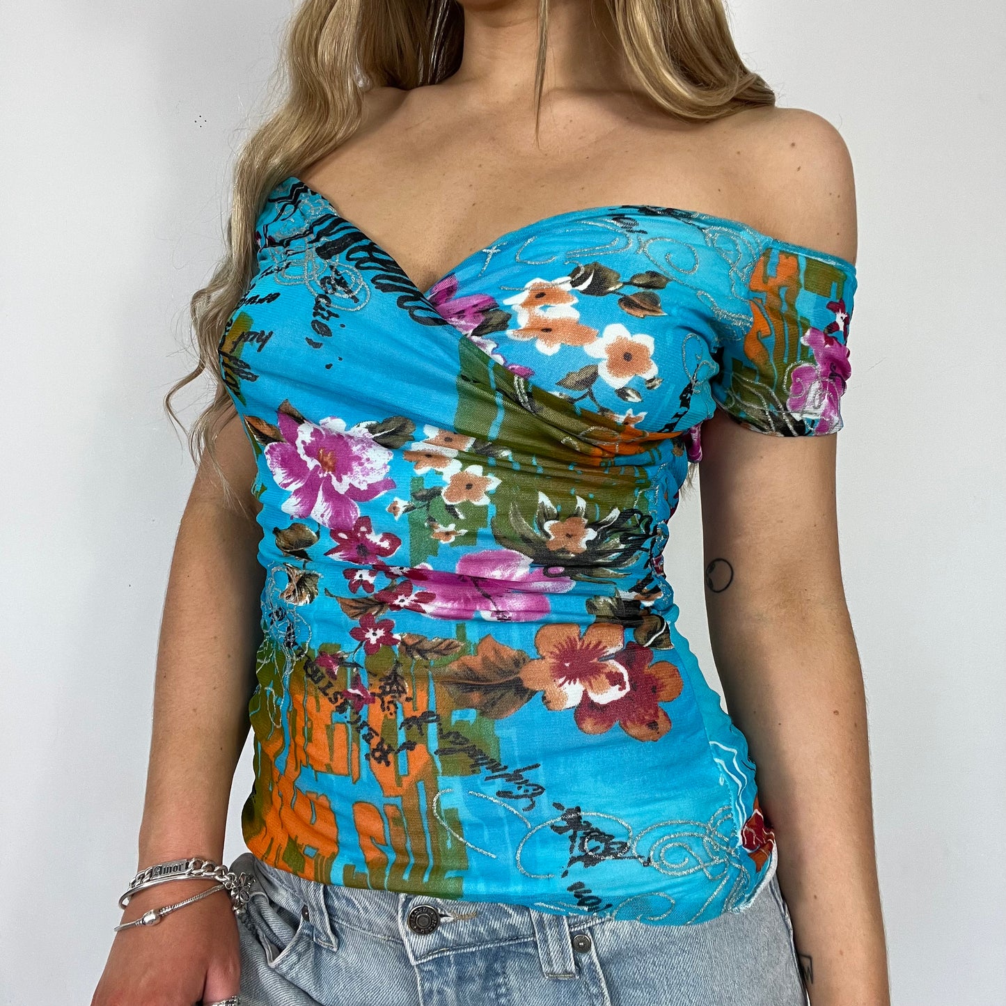00s graphic print off shoulder top - Size S