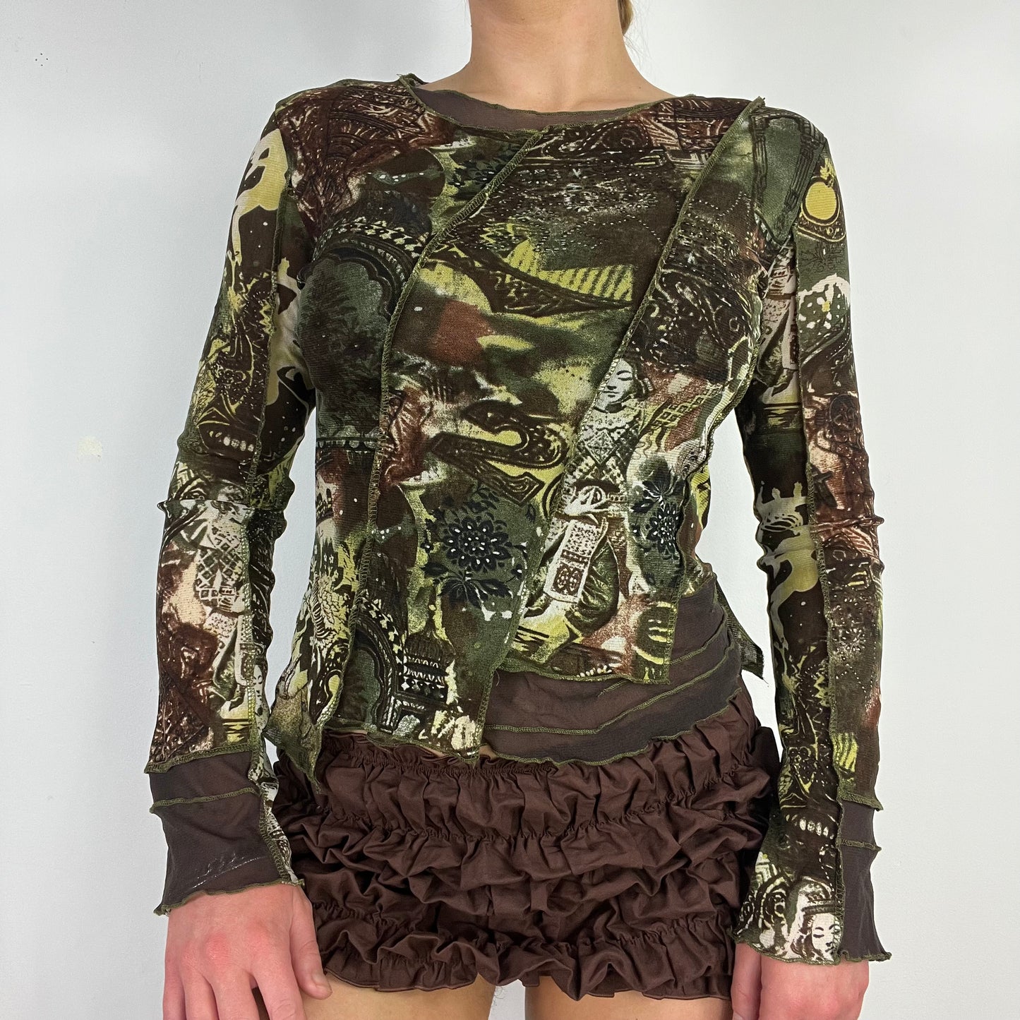 00s graphic print green mesh top - Size S
