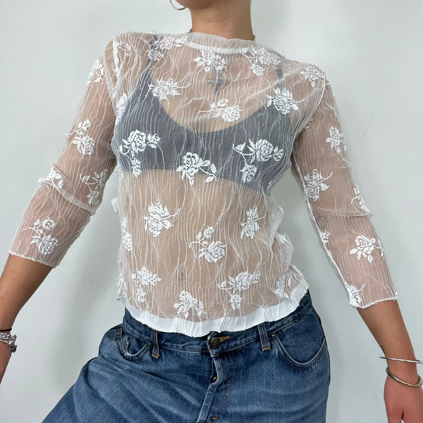 White Mesh Lace 3/4 Sleeve Blouse (M)