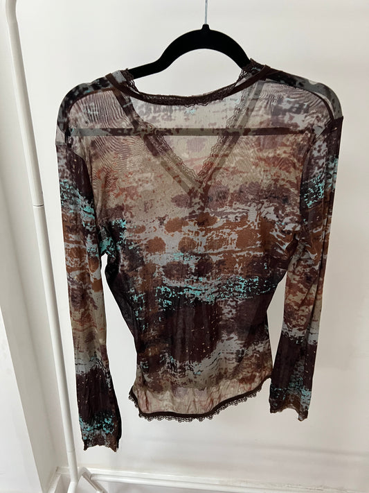 90s graphic print mesh long sleeve top - Size M
