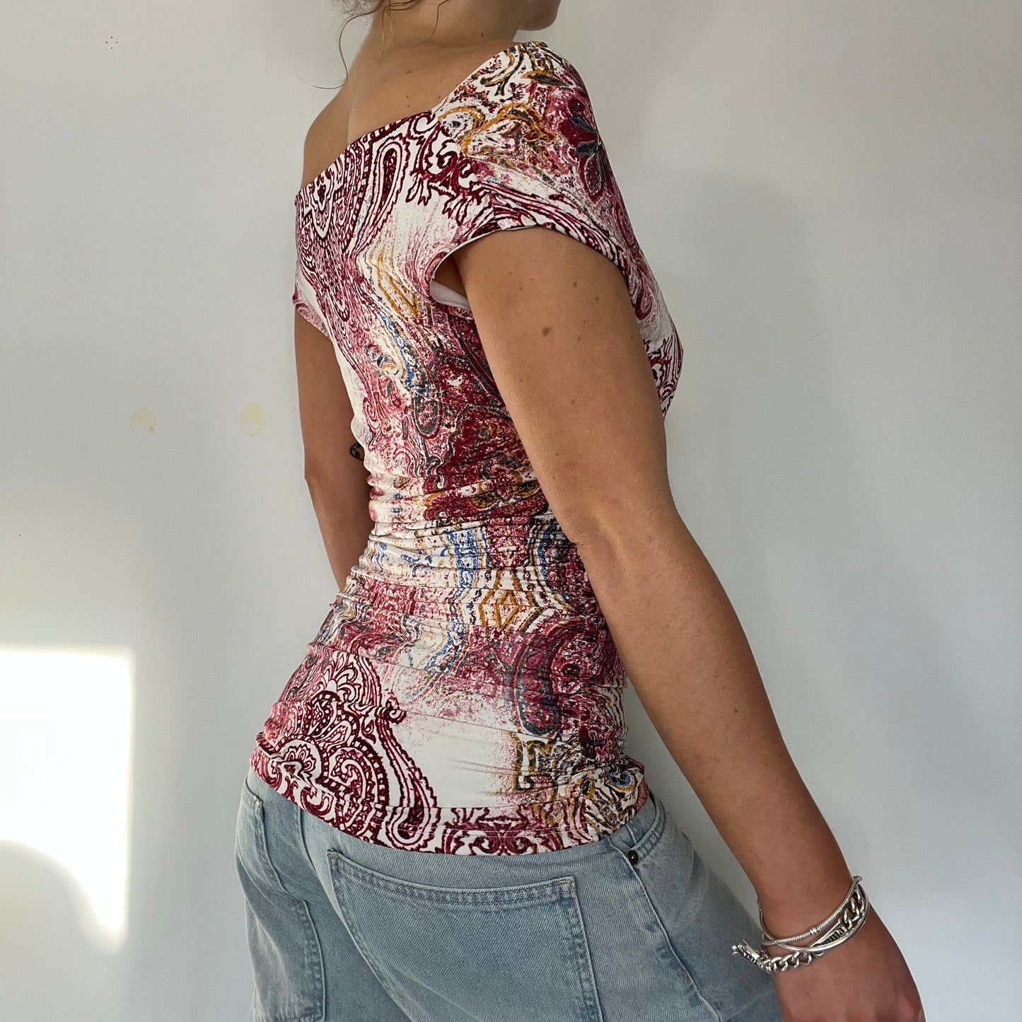 Y2K vintage paisley stretch off the shoulder top - Size S