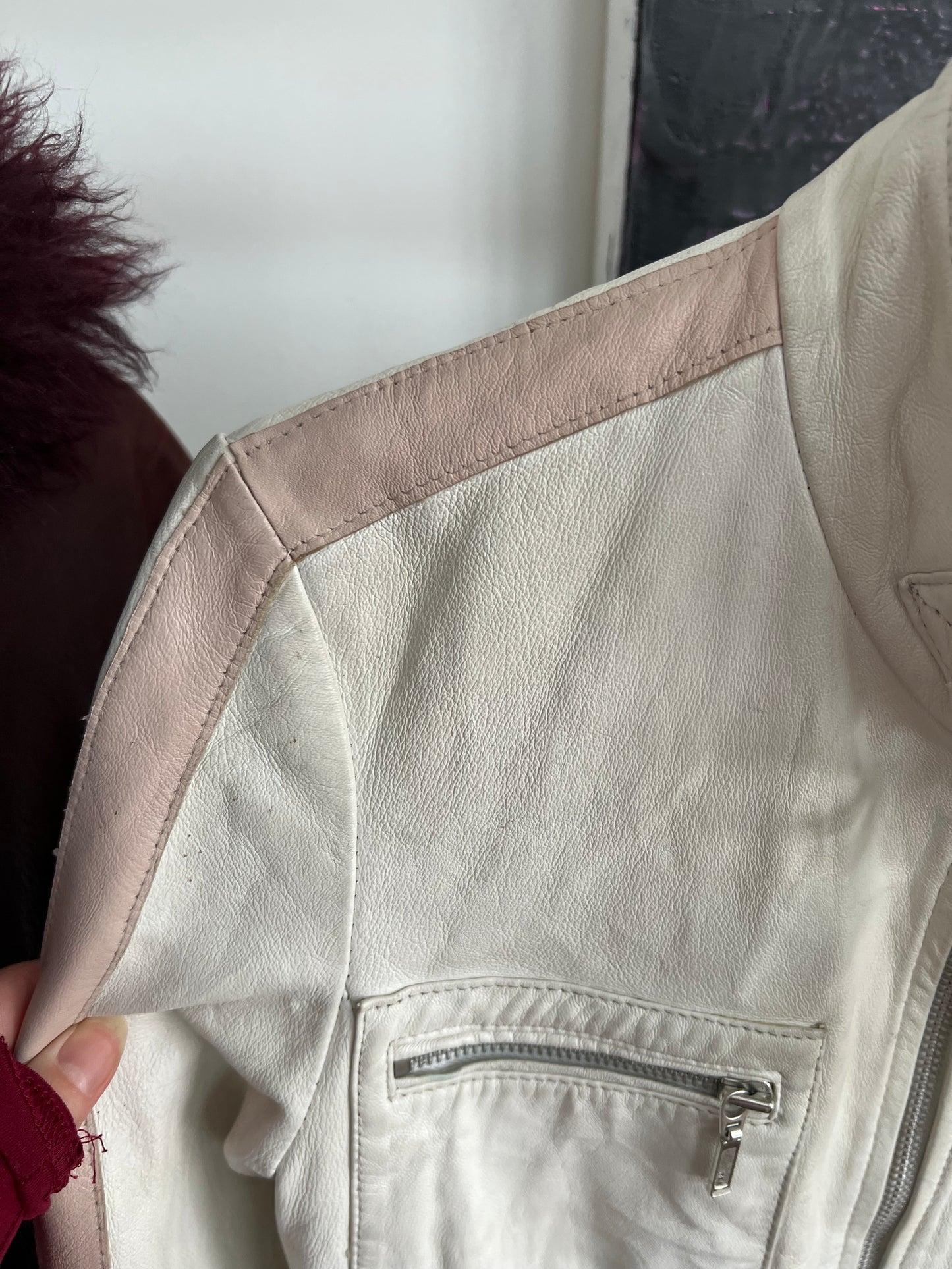 90s vintage white pink real leather racing jacket - Size S/M