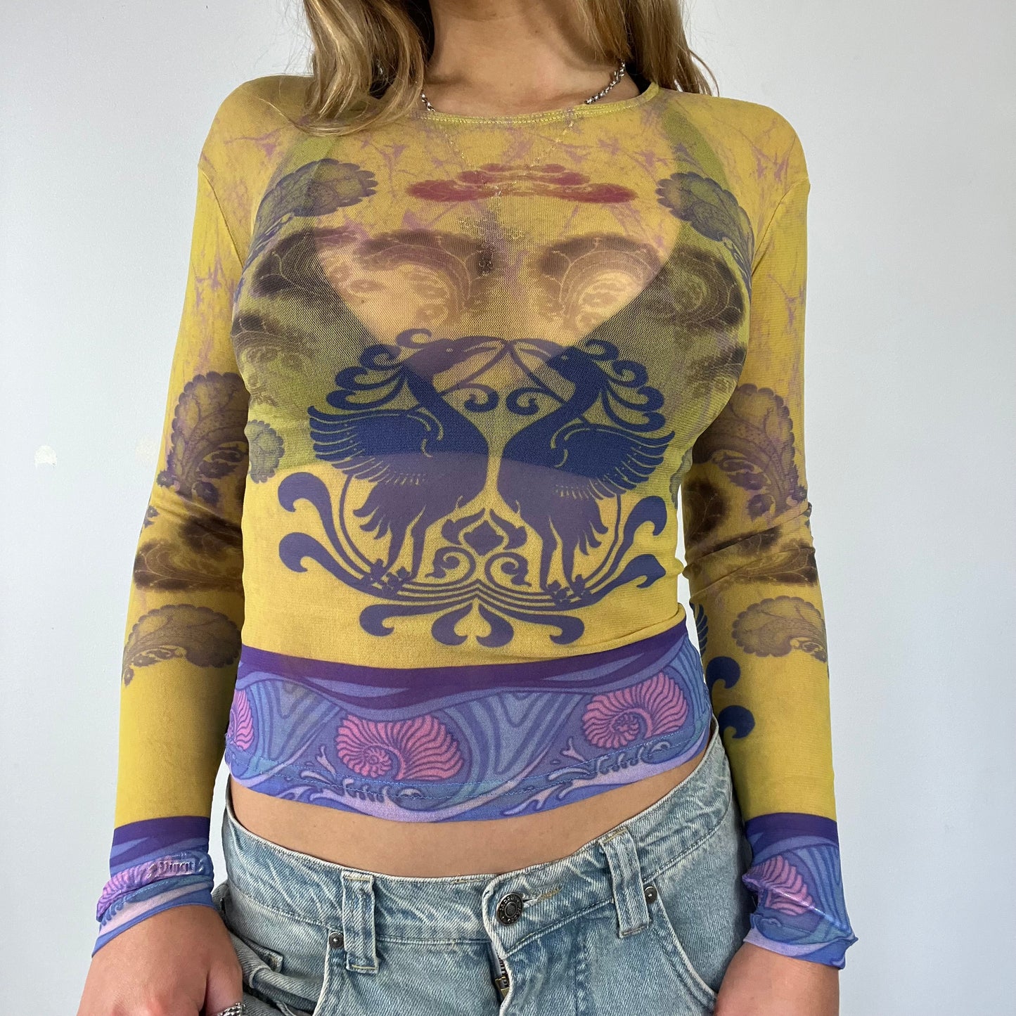 90s graphic mesh long sleeve top - Size S