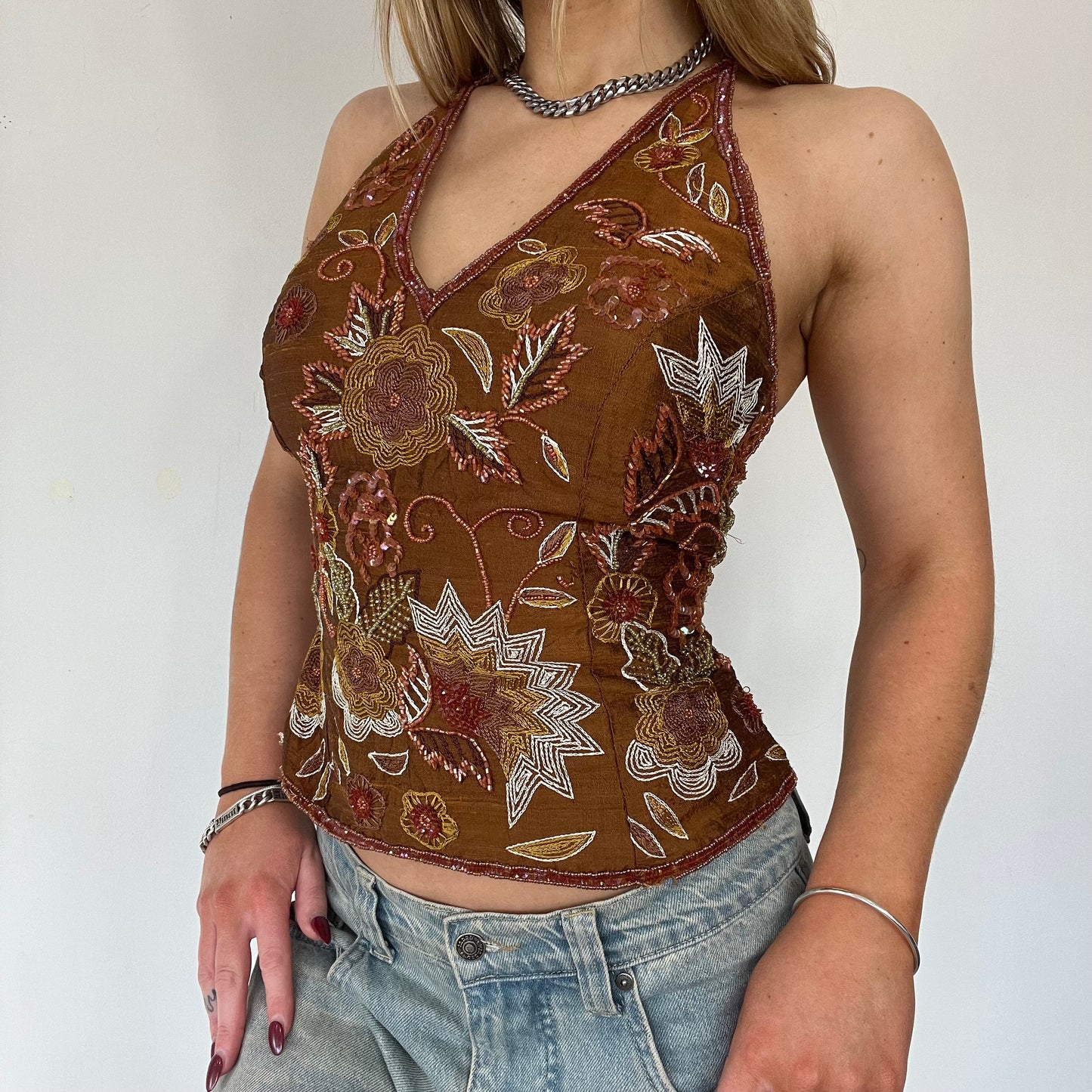 90s beaded backless halter neck top - Size S