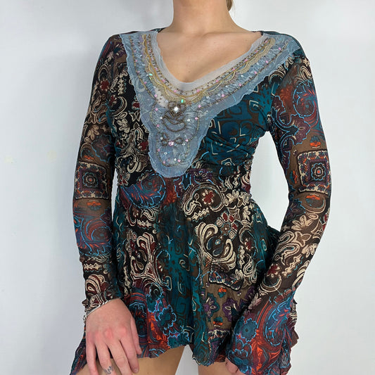 00s mesh graphic lace long sleeve top - Size S