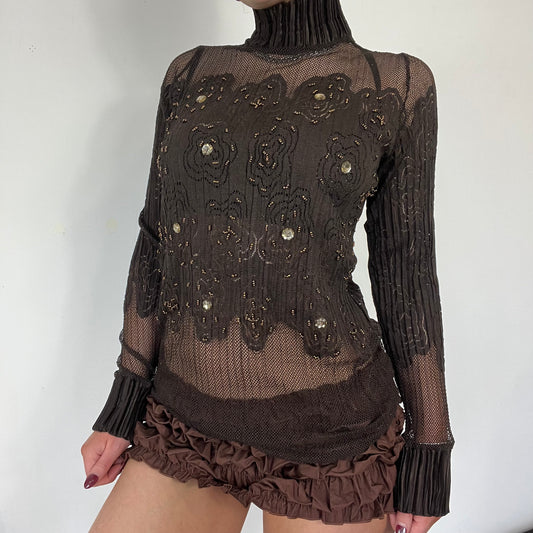 90s mesh sequin turtle neck long sleeve - Size S/M