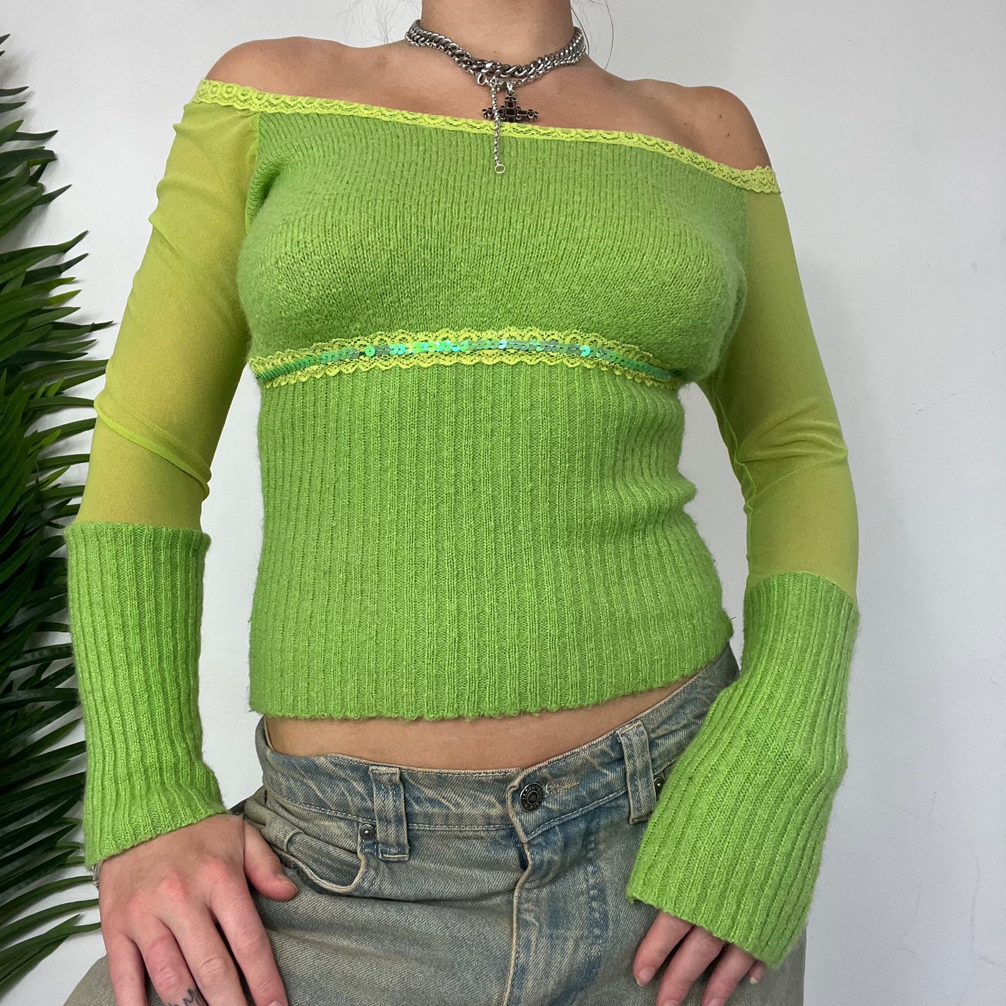 Long sleeve green mesh knit