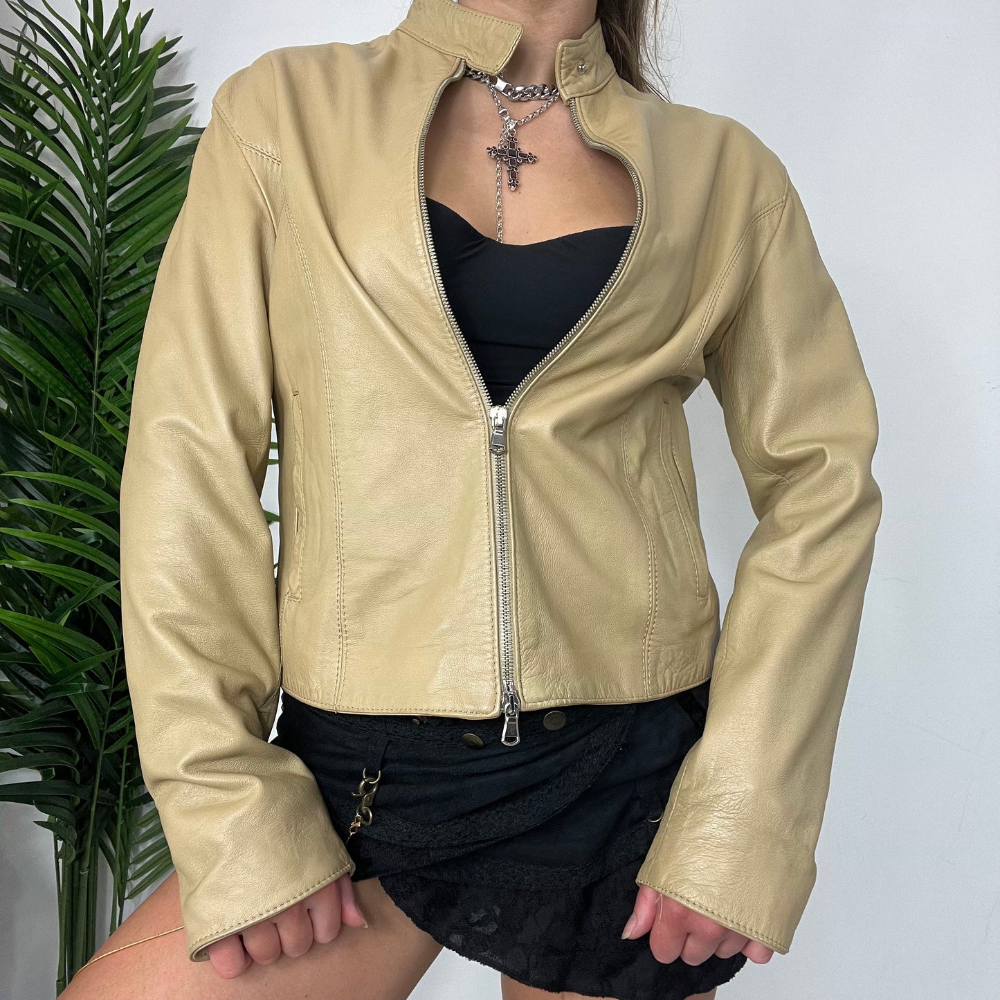 Y2K Beige Leather Moto Jacket - Small/Medium