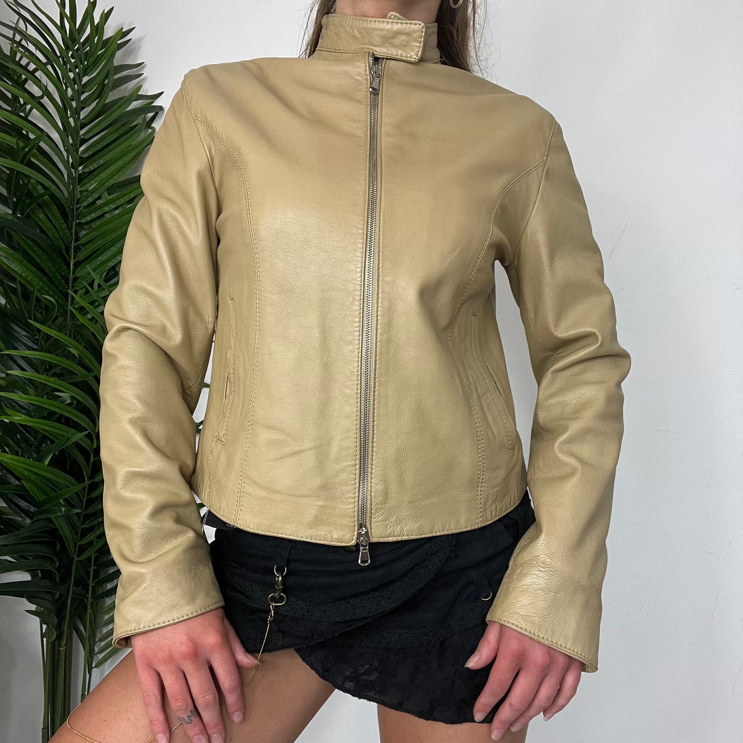 Y2K Beige Leather Moto Jacket - Small/Medium