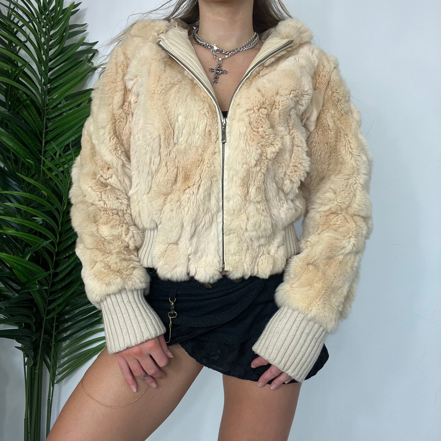 Y2K Hooded Faux Fur Zip Up Jacket - Small