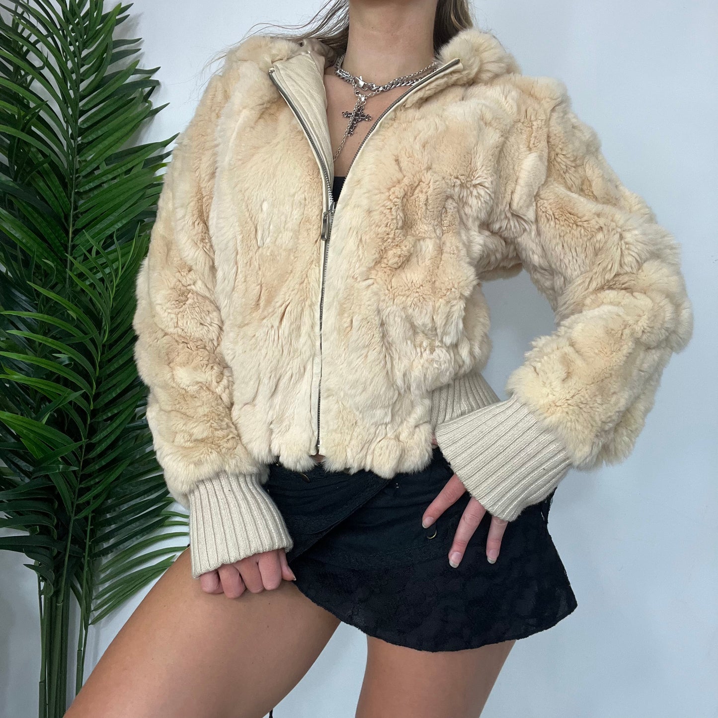 Y2K Hooded Faux Fur Zip Up Jacket - Small