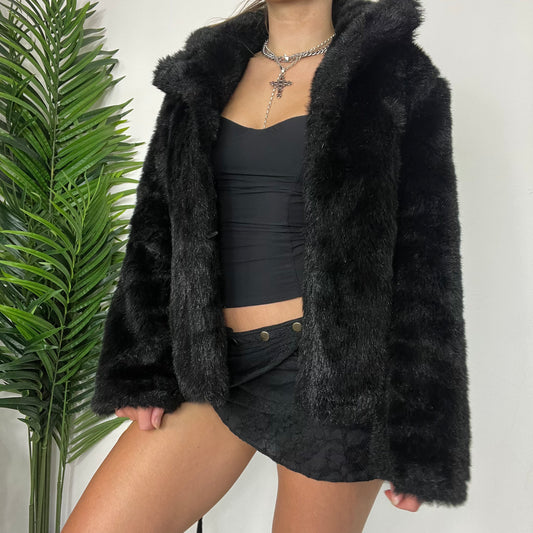 Y2K Brown Faux Fur Jacket -S/M