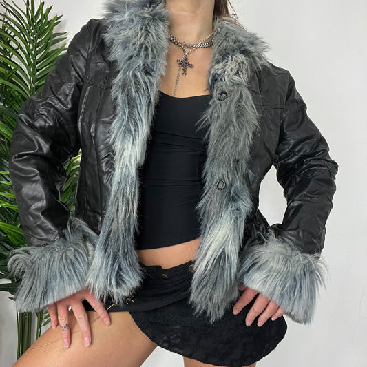 Y2K Black Faux Leather Short Afghan fur jacket