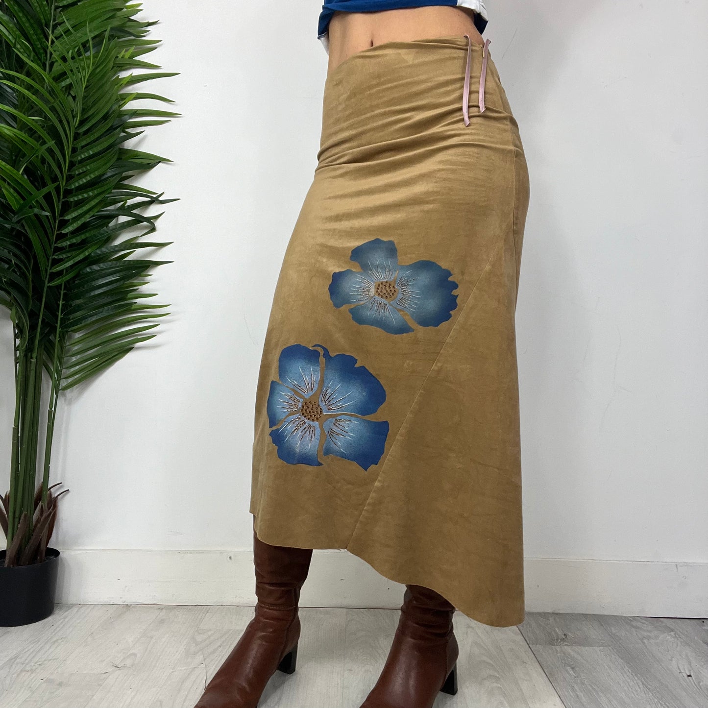 Maxi Floral Beige Suede Skirt