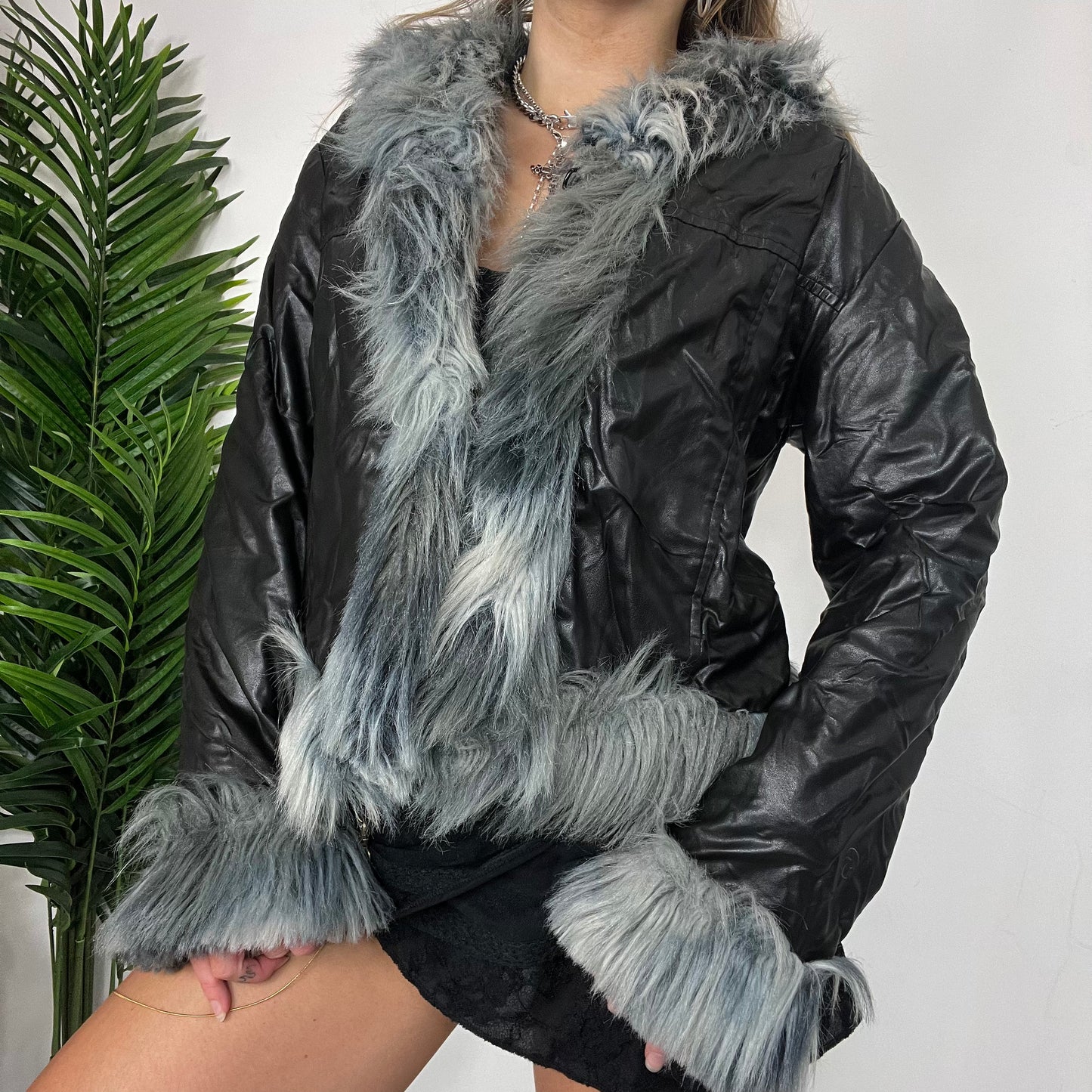 Y2K Black Faux Leather Short Afghan fur jacket