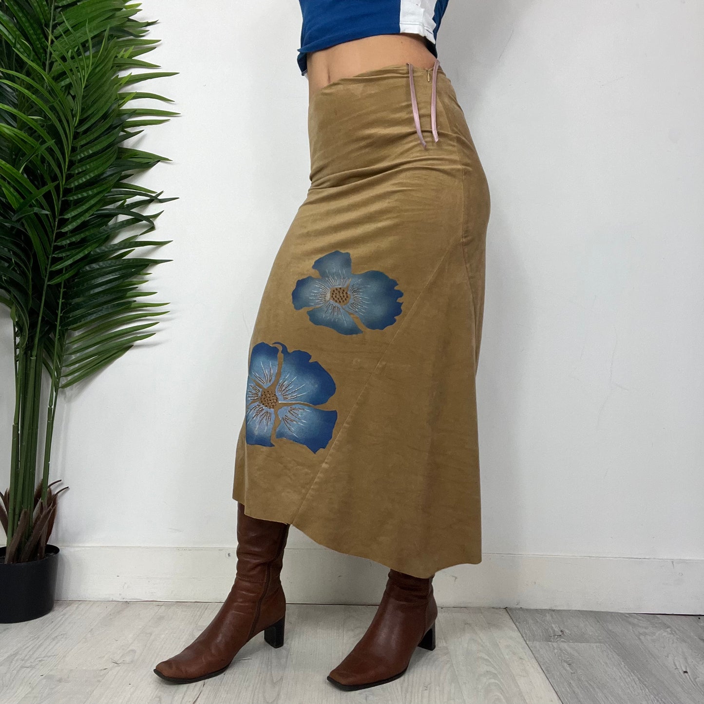 Maxi Floral Beige Suede Skirt