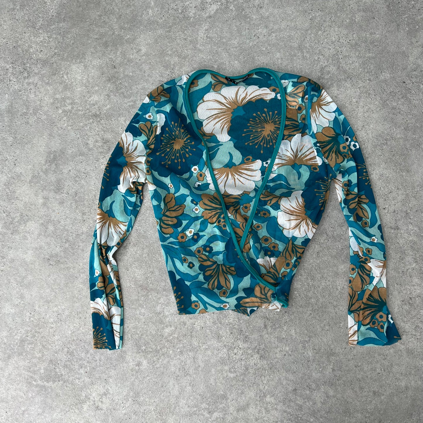 90s Floral Mesh Long Sleeve Wrap Top