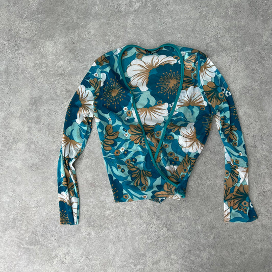 90s Floral Mesh Long Sleeve Wrap Top