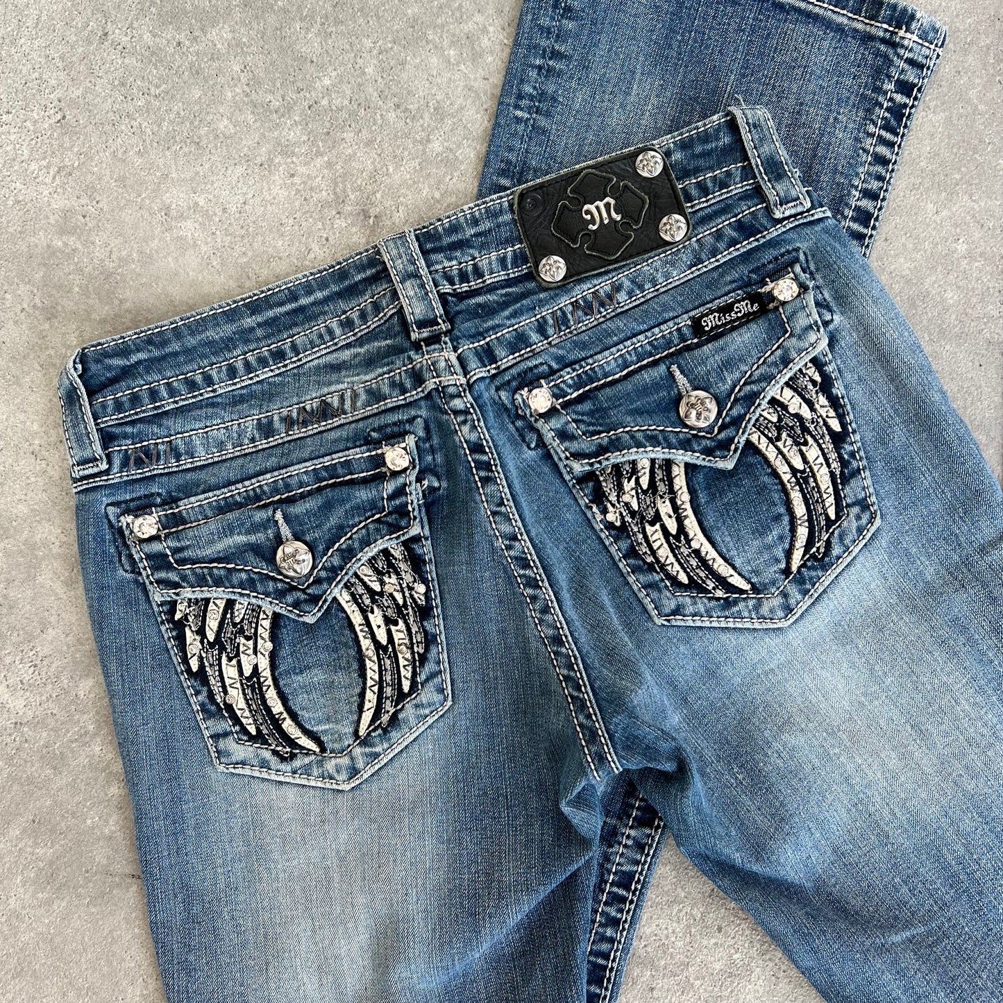 Y2K Graphic Leather Embroidered Diamonte Flared Jeans