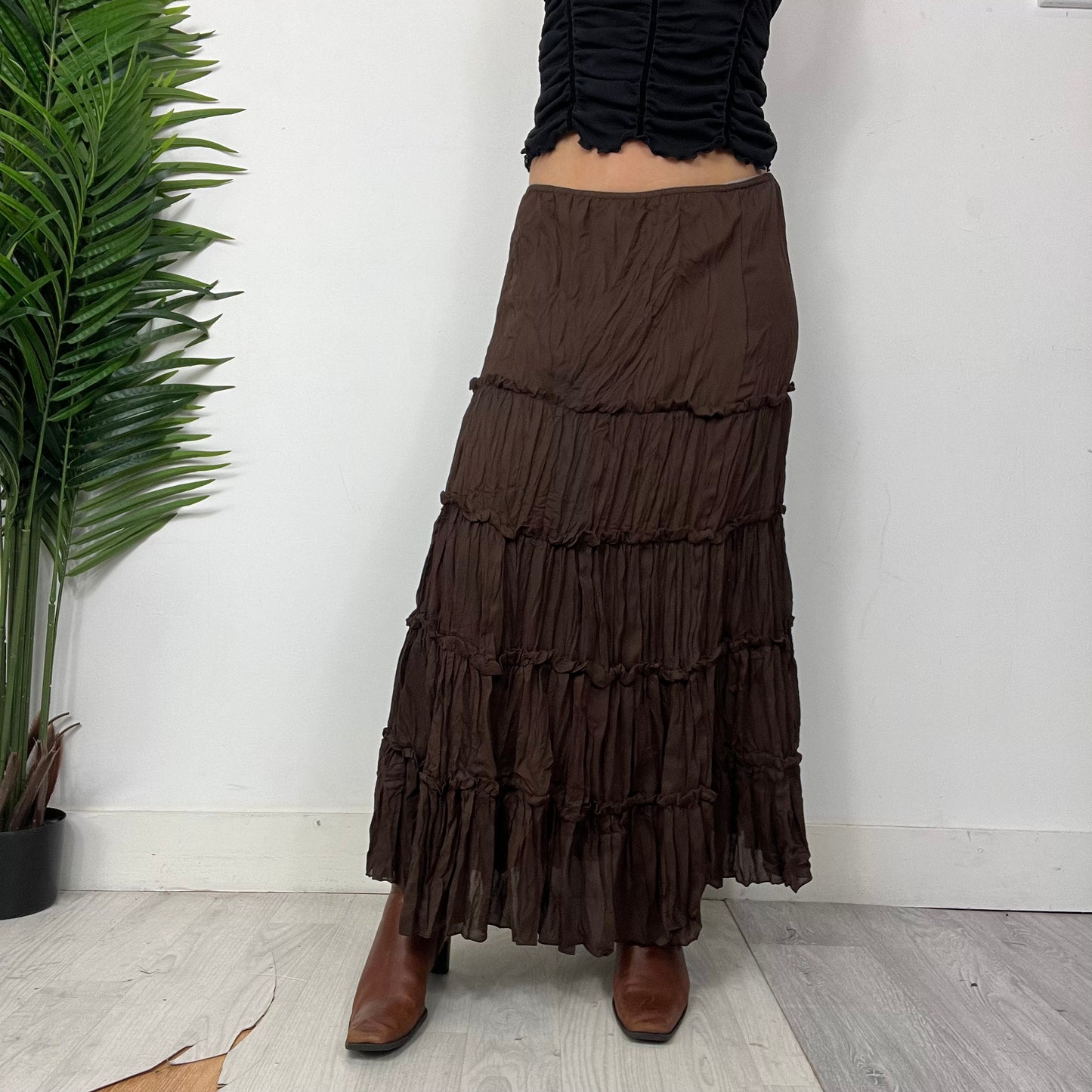 Brown Mesh Tiered Maxi Skirt