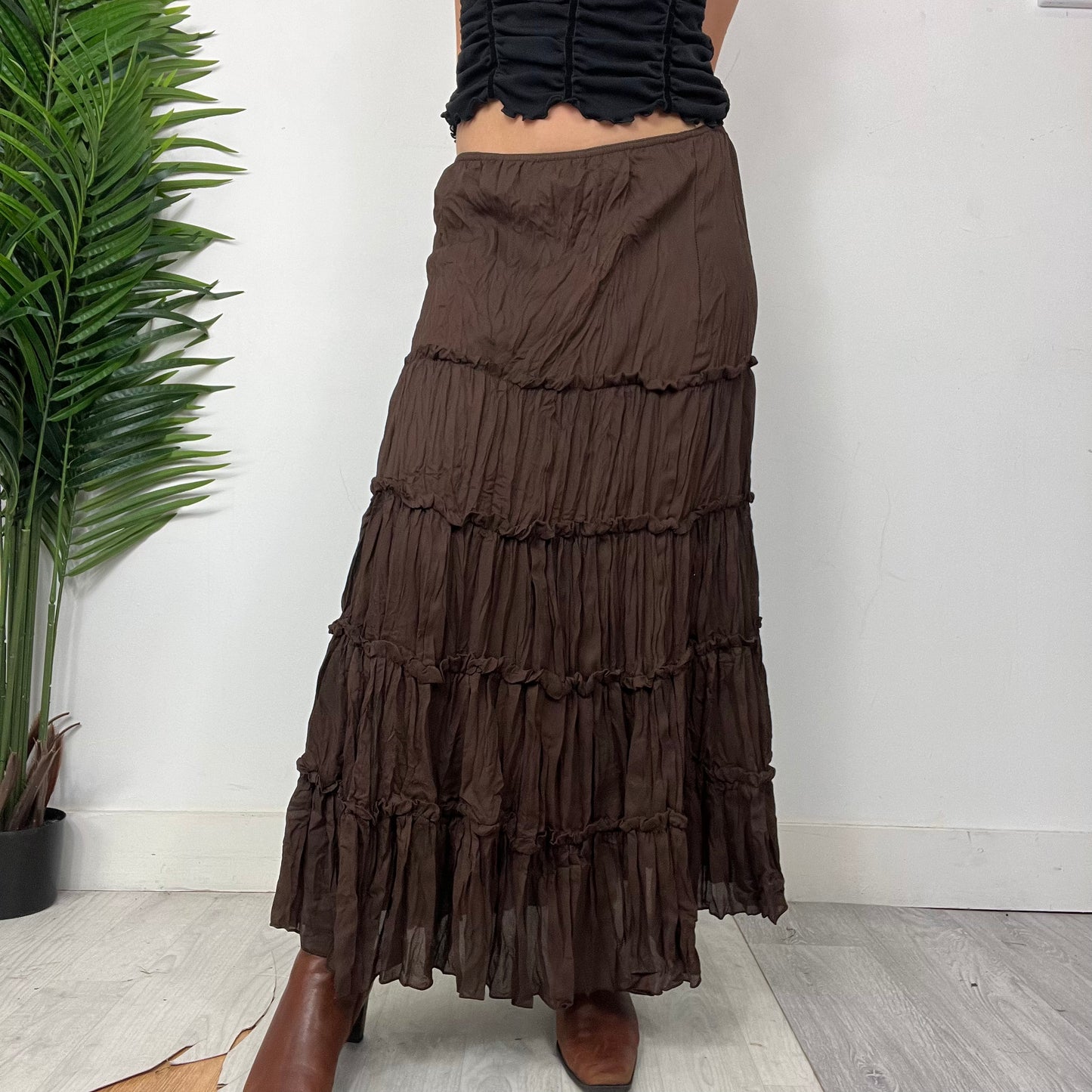 Brown Mesh Tiered Maxi Skirt