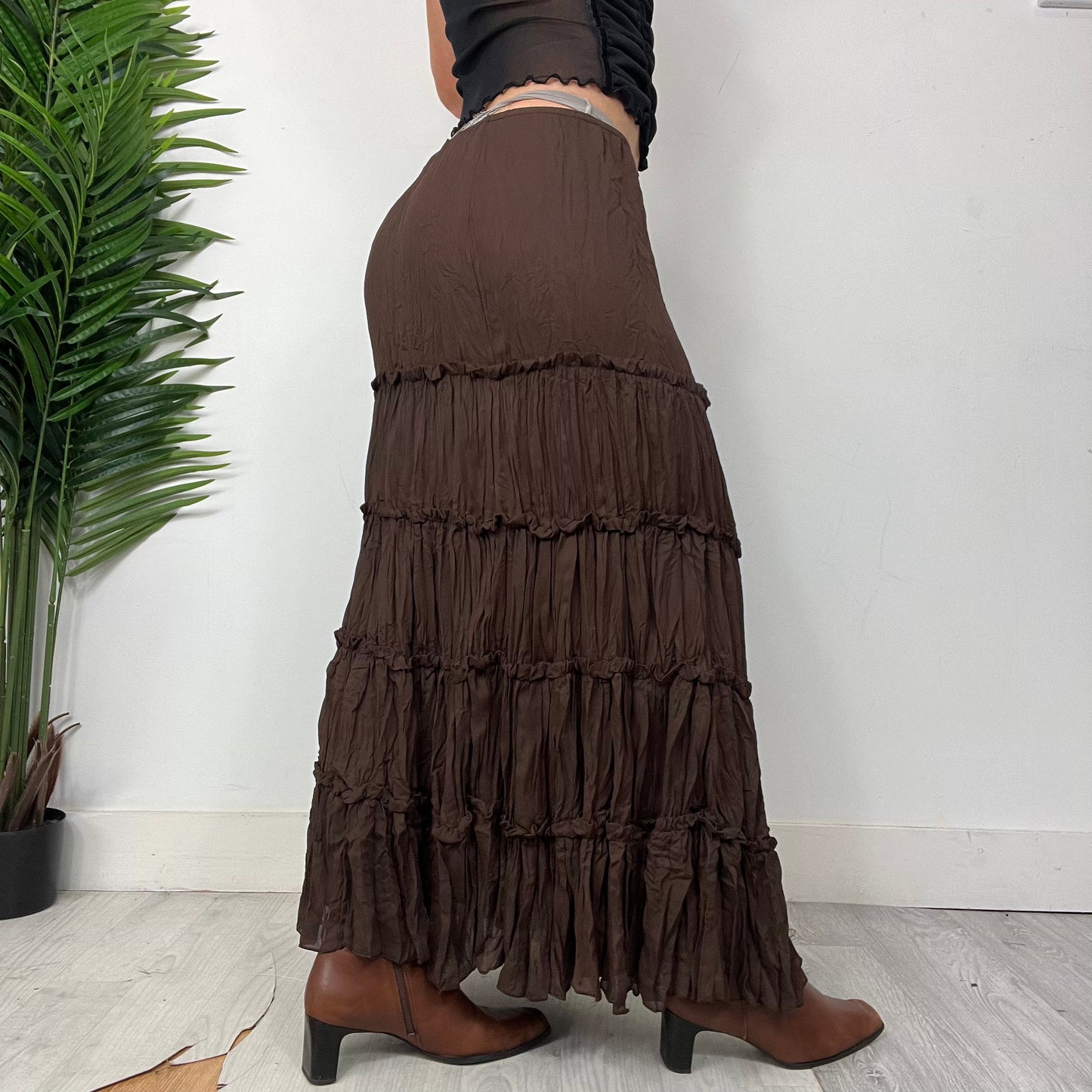 Brown Mesh Tiered Maxi Skirt